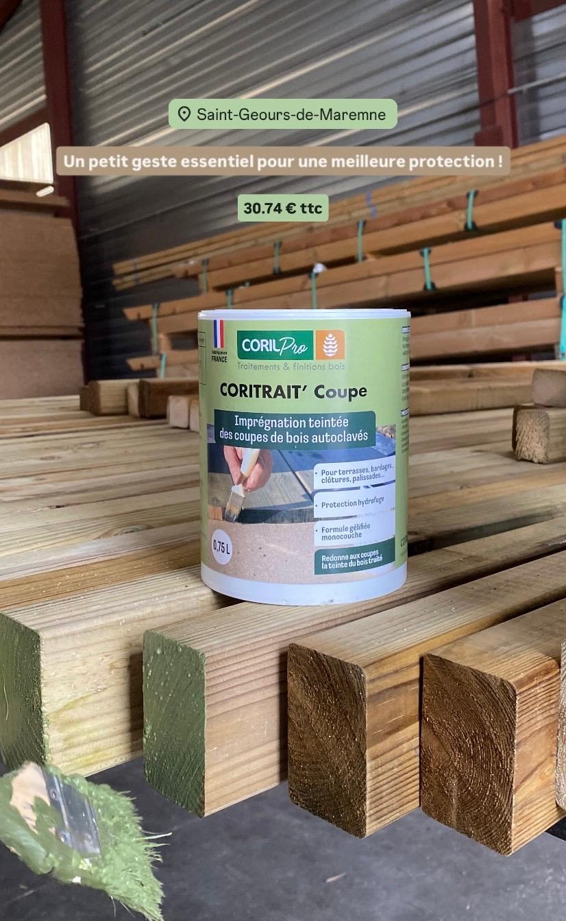 WhatsApp Image 2026-10-27 at 144408 | MS Bois | MS Bois Can of CORITRAIT' Coupe wood treatment resting on stacked planks in a lumberyard in a warehouse setting.